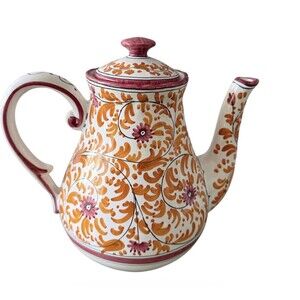 Vtg Hand Painted Italian Majolica Ceramic Teapot Orange Floral Pink Scroll Italy